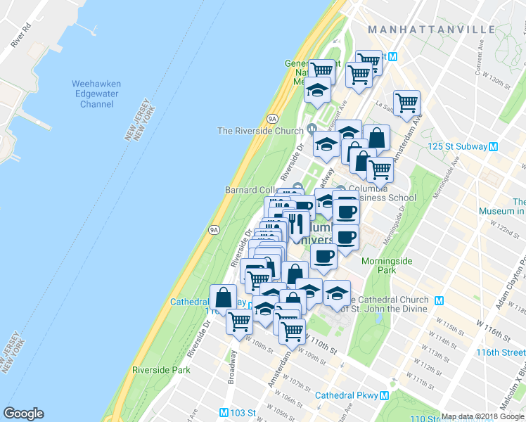map of restaurants, bars, coffee shops, grocery stores, and more near 434 Riverside Dr in New York