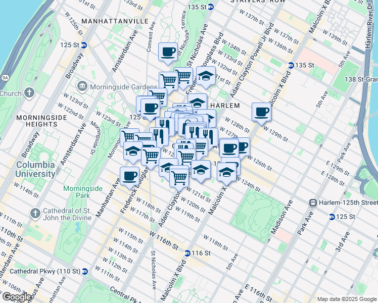 map of restaurants, bars, coffee shops, grocery stores, and more near 230 West 125th Street in New York