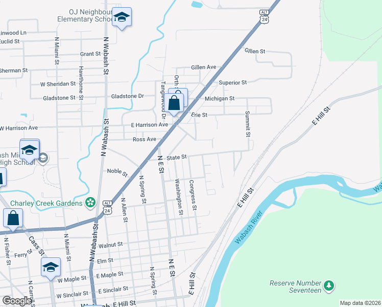 map of restaurants, bars, coffee shops, grocery stores, and more near 895 Cottage Avenue in Wabash