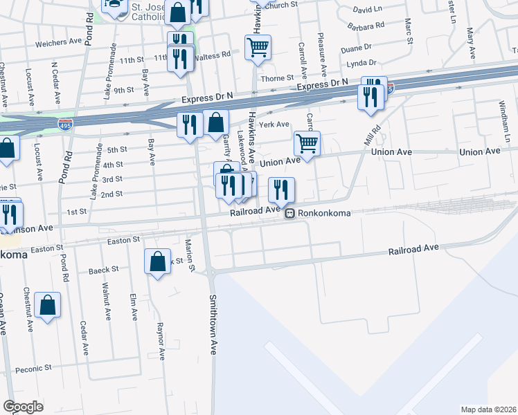 map of restaurants, bars, coffee shops, grocery stores, and more near 61 Railroad Avenue in Ronkonkoma