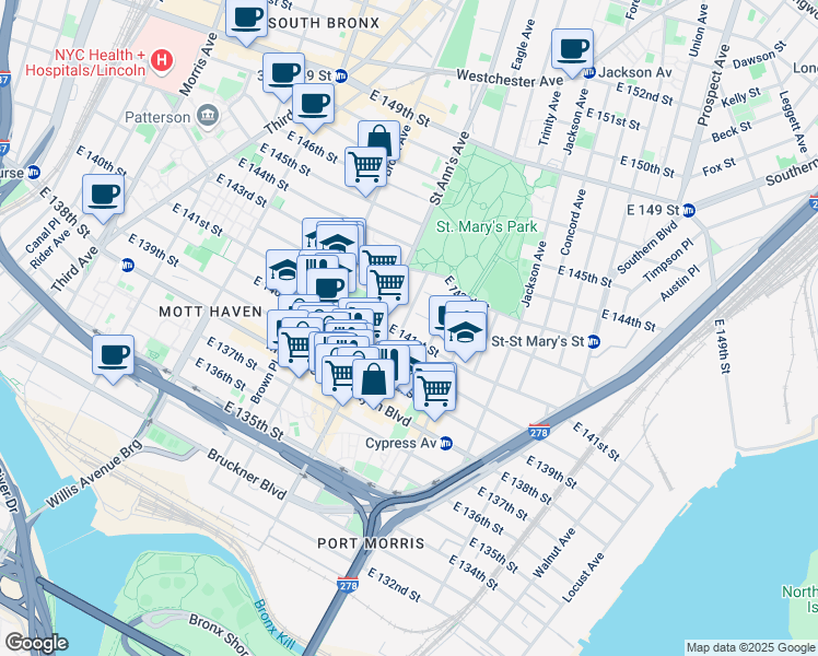 map of restaurants, bars, coffee shops, grocery stores, and more near 350 Saint Ann's Avenue in Bronx