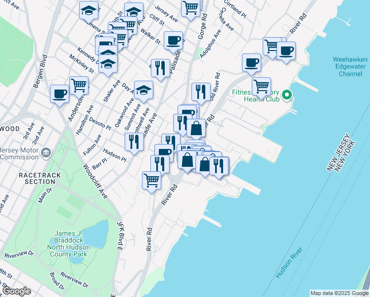 map of restaurants, bars, coffee shops, grocery stores, and more near 1011 Hudson Park in Edgewater