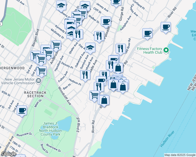 map of restaurants, bars, coffee shops, grocery stores, and more near 136 Cedar Street in Cliffside Park