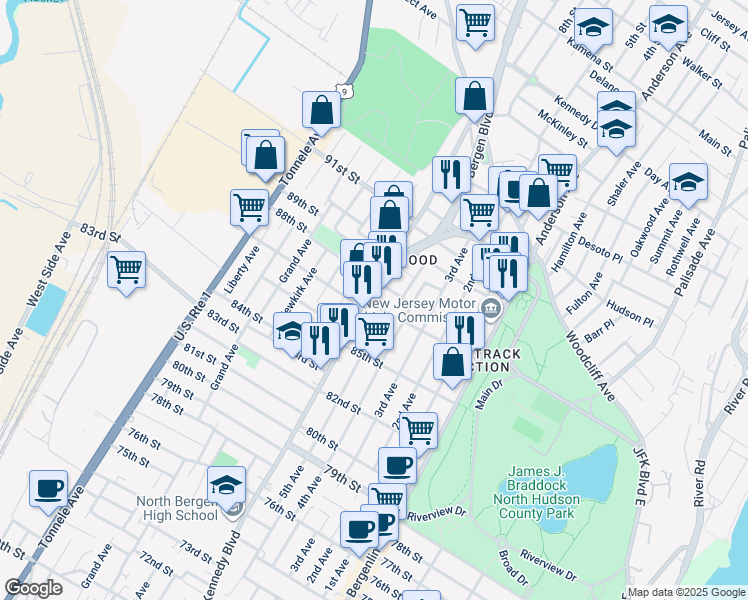 map of restaurants, bars, coffee shops, grocery stores, and more near 1012 88th Street in North Bergen