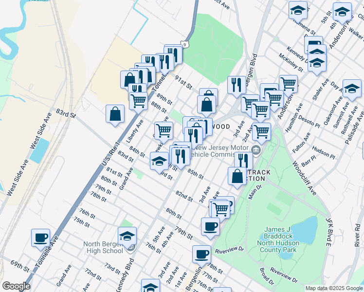 map of restaurants, bars, coffee shops, grocery stores, and more near 8705 John F. Kennedy Boulevard in North Bergen