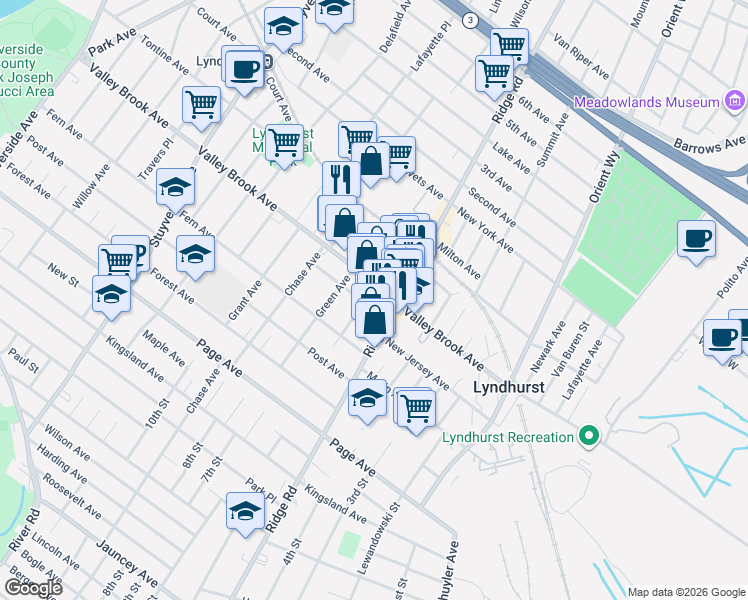 map of restaurants, bars, coffee shops, grocery stores, and more near 304 Milburn Avenue in Lyndhurst