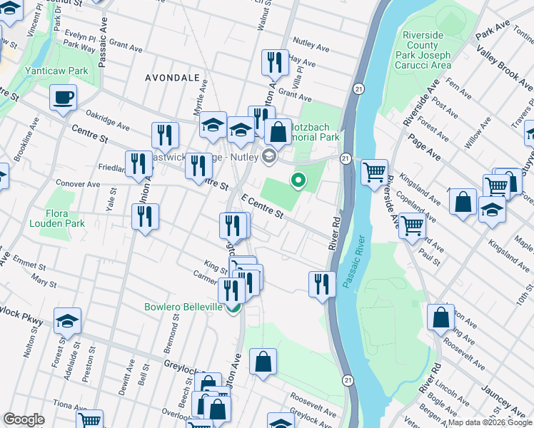 map of restaurants, bars, coffee shops, grocery stores, and more near 113 East Centre Street in Nutley