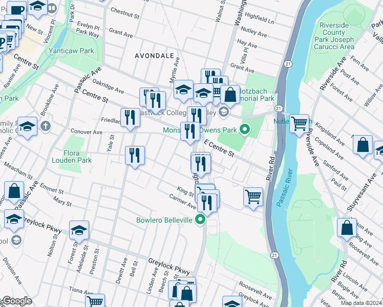 map of restaurants, bars, coffee shops, grocery stores, and more near 80 Washington Avenue in Nutley