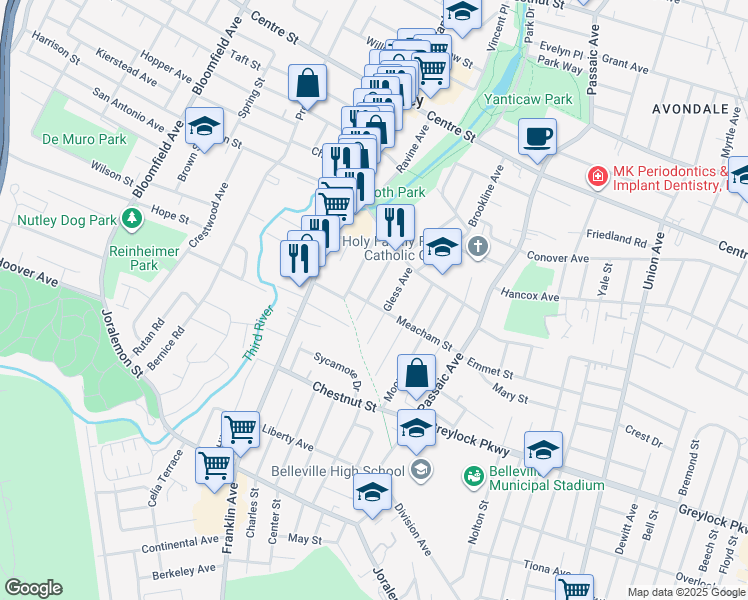 map of restaurants, bars, coffee shops, grocery stores, and more near 24 Gless Avenue in Nutley