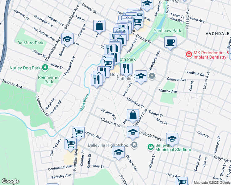 map of restaurants, bars, coffee shops, grocery stores, and more near 60 Ernest Street in Nutley