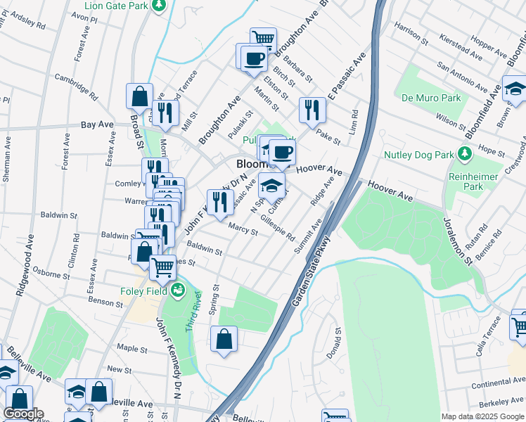 map of restaurants, bars, coffee shops, grocery stores, and more near 107 North Spring Street in Bloomfield