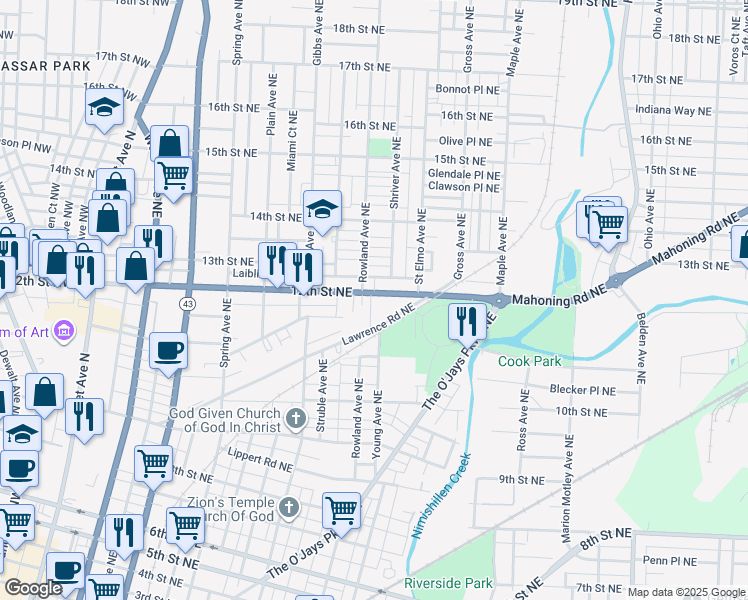map of restaurants, bars, coffee shops, grocery stores, and more near 1309 12th Street Northeast in Canton