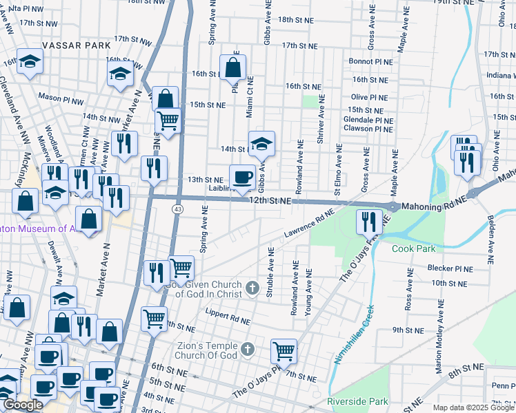 map of restaurants, bars, coffee shops, grocery stores, and more near 1043 12th Street Northeast in Canton