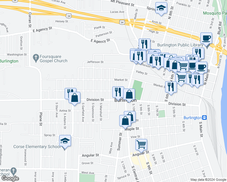map of restaurants, bars, coffee shops, grocery stores, and more near 119 Marietta Street in Burlington