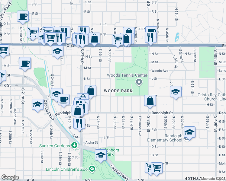 map of restaurants, bars, coffee shops, grocery stores, and more near 444 South 30th Street in Lincoln