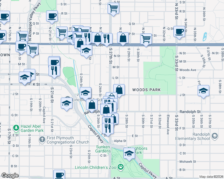 map of restaurants, bars, coffee shops, grocery stores, and more near 505 South 27th Street in Lincoln
