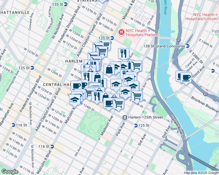 map of restaurants, bars, coffee shops, grocery stores, and more near 2 West 129th Street in New York