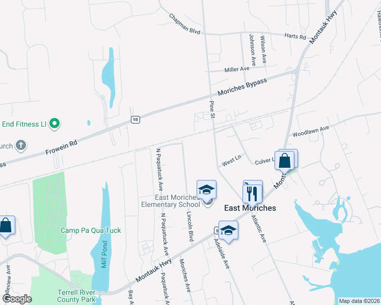 map of restaurants, bars, coffee shops, grocery stores, and more near 65 Lincoln Boulevard in East Moriches