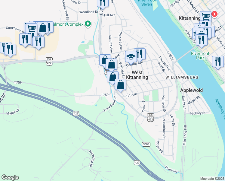 map of restaurants, bars, coffee shops, grocery stores, and more near 321 Butler Road in Kittanning