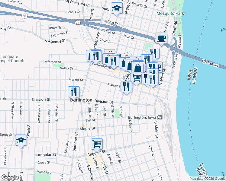 map of restaurants, bars, coffee shops, grocery stores, and more near 713 Market Street in Burlington