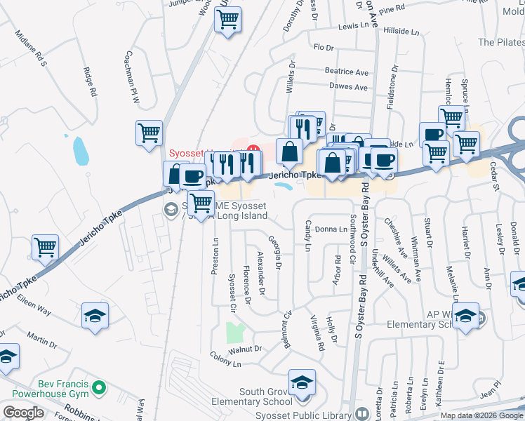 map of restaurants, bars, coffee shops, grocery stores, and more near 5 Nelson Lane in Syosset