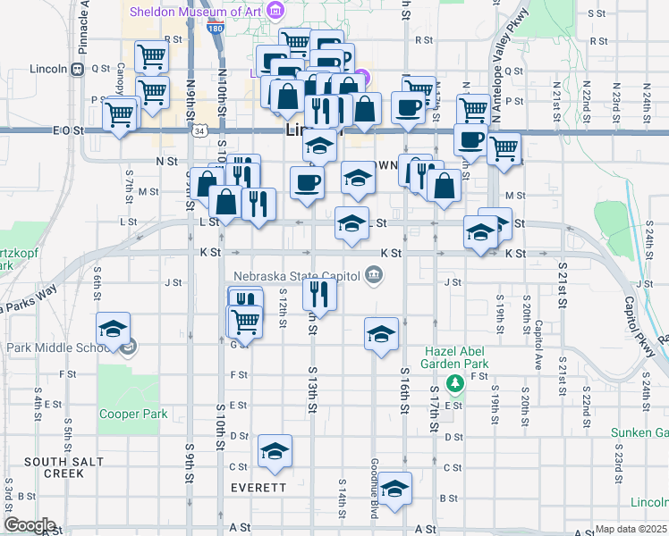 map of restaurants, bars, coffee shops, grocery stores, and more near 521 South 14th Street in Lincoln