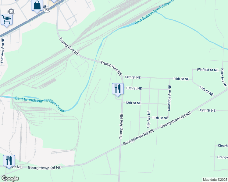 map of restaurants, bars, coffee shops, grocery stores, and more near 1253 Lodge Avenue Northeast in East Canton