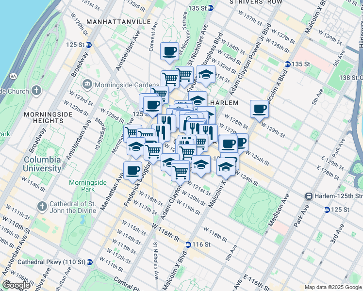 map of restaurants, bars, coffee shops, grocery stores, and more near 224 West 124th Street in New York
