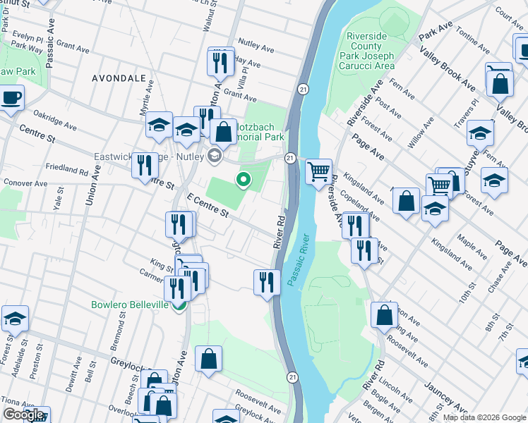 map of restaurants, bars, coffee shops, grocery stores, and more near 65 River Road in Nutley