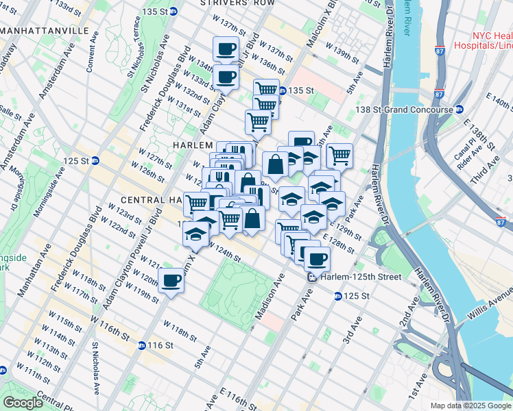 map of restaurants, bars, coffee shops, grocery stores, and more near 34 West 128th Street in New York
