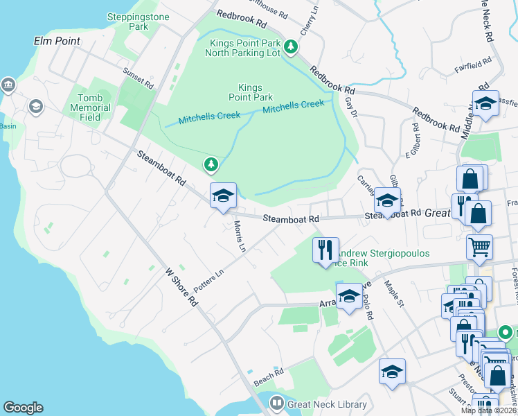 map of restaurants, bars, coffee shops, grocery stores, and more near 139 Steamboat Road in Great Neck