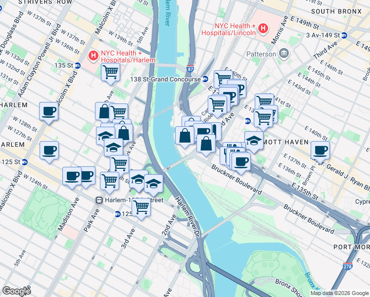map of restaurants, bars, coffee shops, grocery stores, and more near 2413 Third Avenue in Bronx