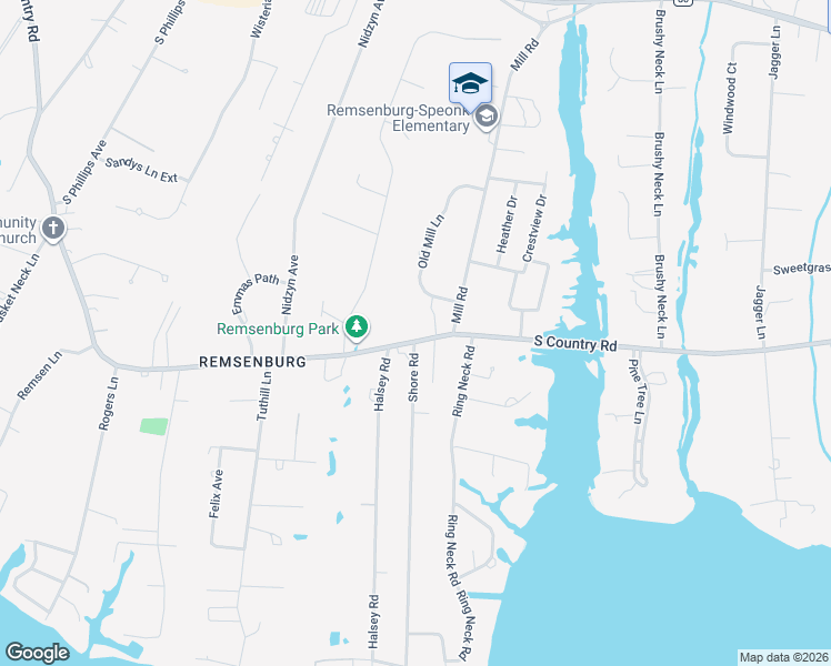 map of restaurants, bars, coffee shops, grocery stores, and more near 94 South Country Road in Remsenburg-Speonk