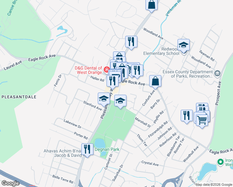 map of restaurants, bars, coffee shops, grocery stores, and more near 496 Pleasant Valley Way in West Orange