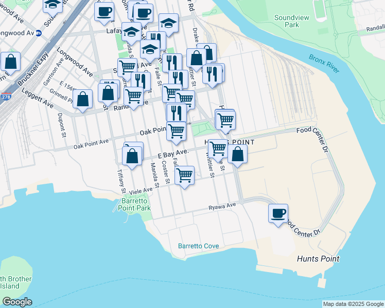 map of restaurants, bars, coffee shops, grocery stores, and more near 401 Bryant Avenue in Bronx