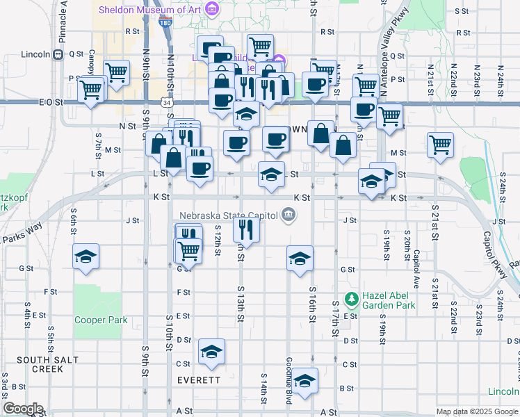 map of restaurants, bars, coffee shops, grocery stores, and more near 521 South 14th Street in Lincoln