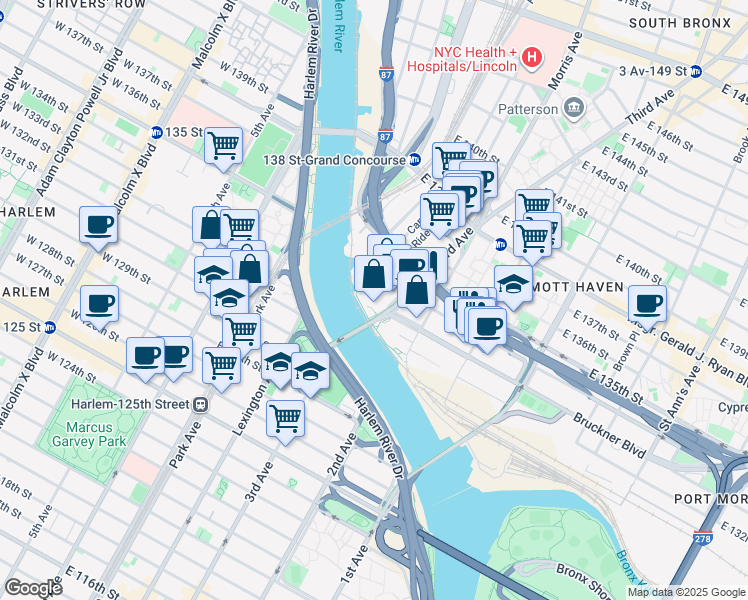 map of restaurants, bars, coffee shops, grocery stores, and more near 2413 Third Avenue in Bronx