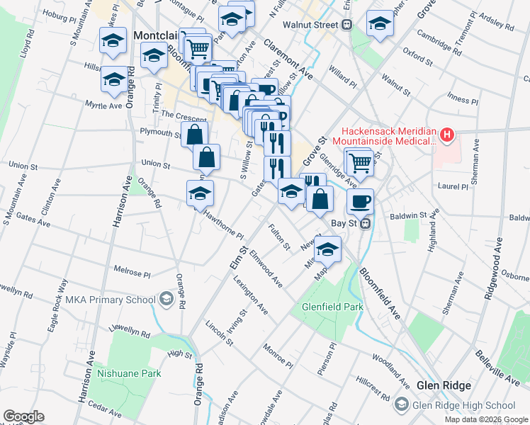 map of restaurants, bars, coffee shops, grocery stores, and more near 30 Gates Avenue in Montclair