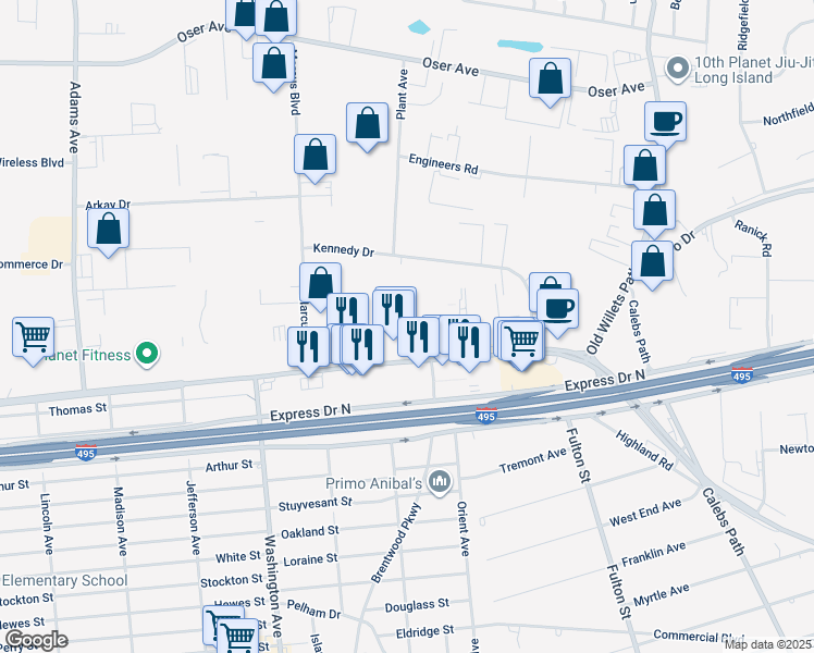 map of restaurants, bars, coffee shops, grocery stores, and more near 360 Motor Pkwy in Hauppauge