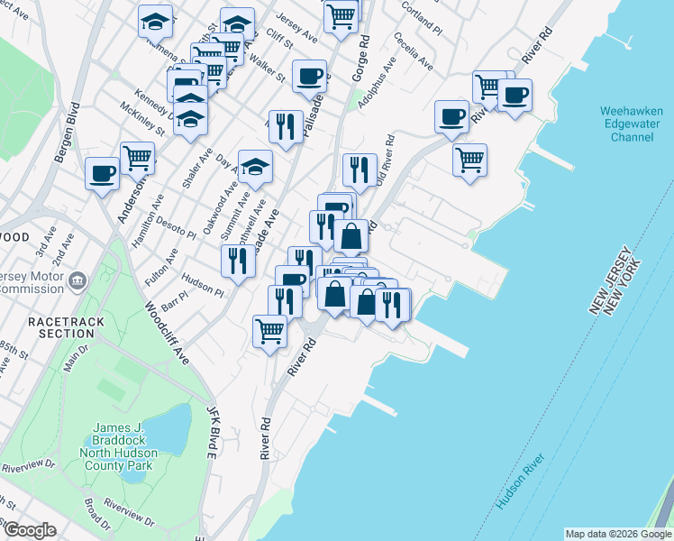 map of restaurants, bars, coffee shops, grocery stores, and more near 1011 Hudson Park in Edgewater