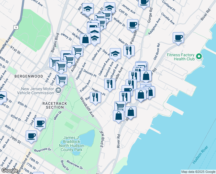 map of restaurants, bars, coffee shops, grocery stores, and more near 210 Desoto Place in Cliffside Park