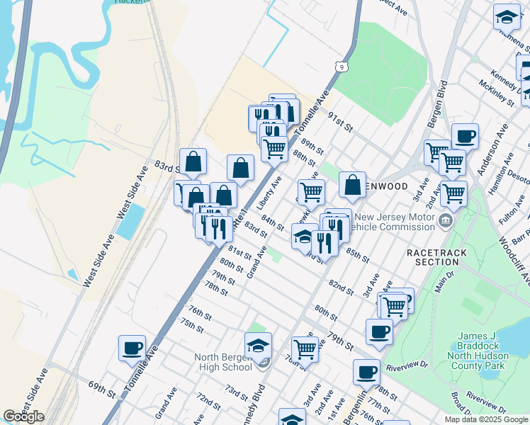 map of restaurants, bars, coffee shops, grocery stores, and more near 8419 Columbia Avenue in North Bergen