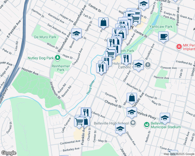 map of restaurants, bars, coffee shops, grocery stores, and more near 7 Tremont Place in Nutley