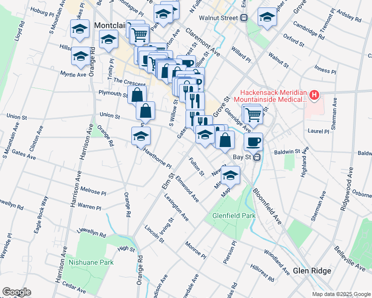 map of restaurants, bars, coffee shops, grocery stores, and more near 30 Gates Avenue in Montclair