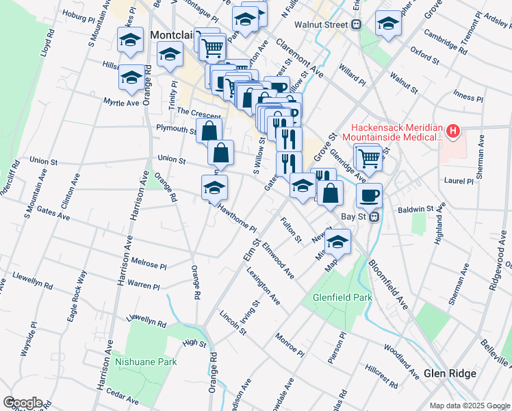 map of restaurants, bars, coffee shops, grocery stores, and more near 30 Gates Avenue in Montclair