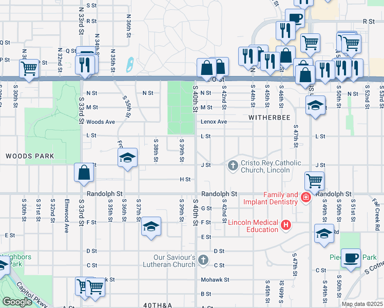 map of restaurants, bars, coffee shops, grocery stores, and more near 444 South 40th Street in Lincoln