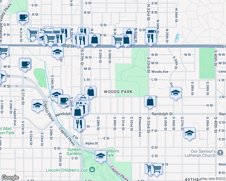 map of restaurants, bars, coffee shops, grocery stores, and more near 444 South 30th Street in Lincoln