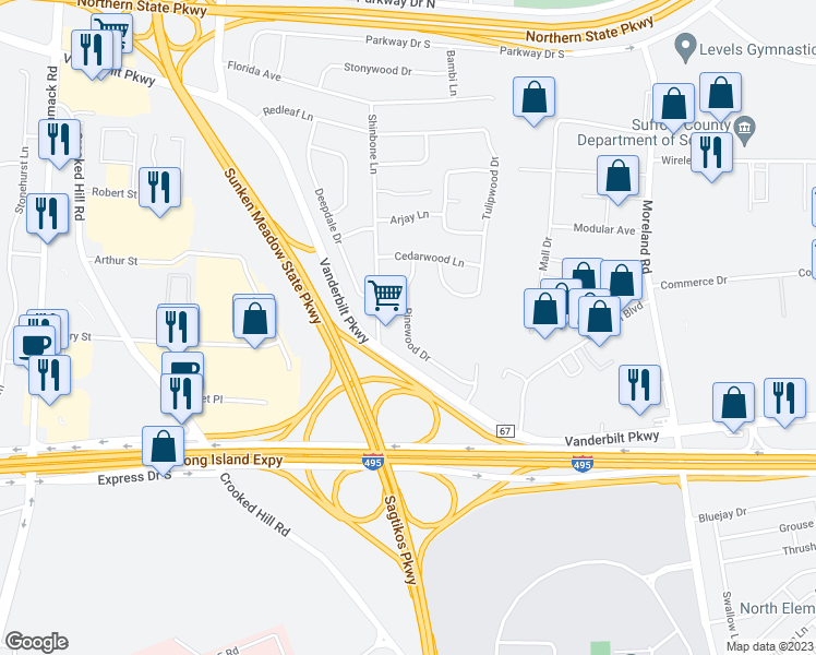 map of restaurants, bars, coffee shops, grocery stores, and more near 9 Pinewood Drive in Commack