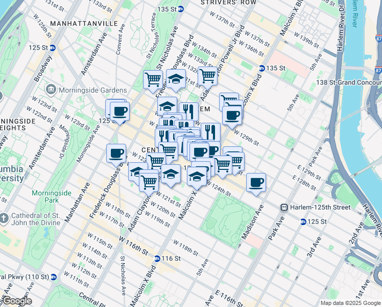 map of restaurants, bars, coffee shops, grocery stores, and more near 125 West 125th Street in New York
