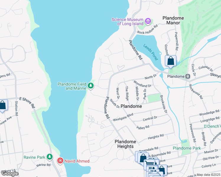 map of restaurants, bars, coffee shops, grocery stores, and more near 1058 Plandome Road in Plandome